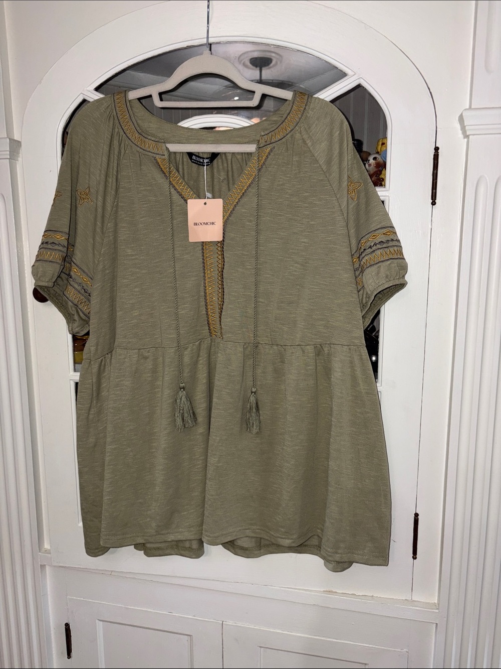 NWT BloomChic Olive Tassel Peasant Tunic with Embroidered Trim